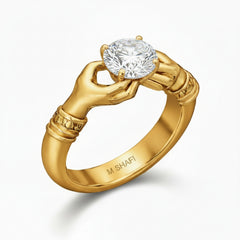 Hands Cradling Round Stone Engagement Ring Sterling Silver 925
