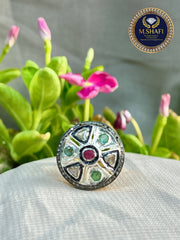 Natural Diamond Polki Silver Ring with Emerald & Ruby – Antique Premium Design
