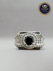 Luxury Black Zircon Silver Ring with White Stones – Watch Style Design