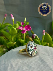 Natural Diamond Polki Silver Ring with Emerald & Ruby – Antique Premium Design