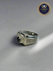 Luxury Black Zircon Silver Ring with White Stones – Watch Style Design