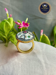Natural Diamond Polki Silver Ring with Emerald & Ruby – Antique Premium Design