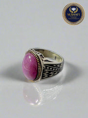 Natural Ruby Men’s Ring – Polished Silver with Engraving