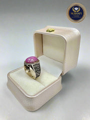 Natural Ruby Men’s Ring – Polished Silver with Engraving