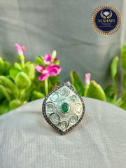 Natural Emerald Ring with Polki Diamond – 925 Sterling Silver Antique Jewelry