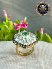 Natural Emerald Ring with Polki Diamond – 925 Sterling Silver Antique Jewelry