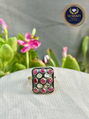 Natural Ruby Polki Diamond Antique Ring | 925 Sterling Silver Royal Heritage Jewelry