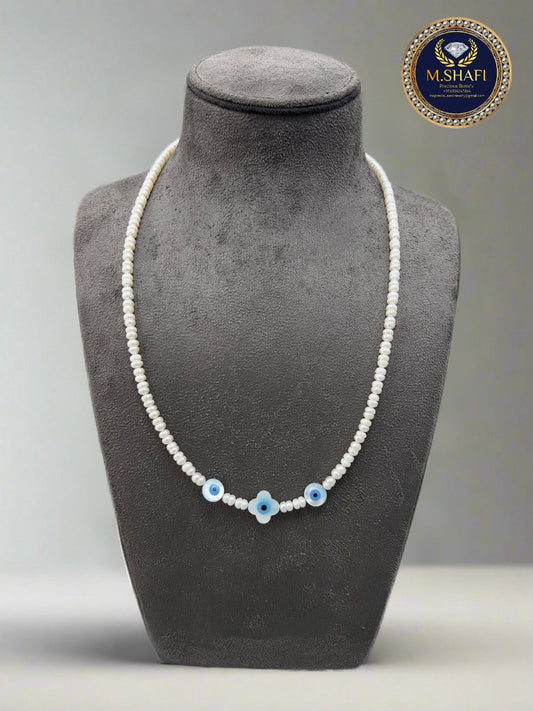Freshwater Pearl Necklace with Mother of Pearl Evil Eye – Handmade Protective Jewelry for Women