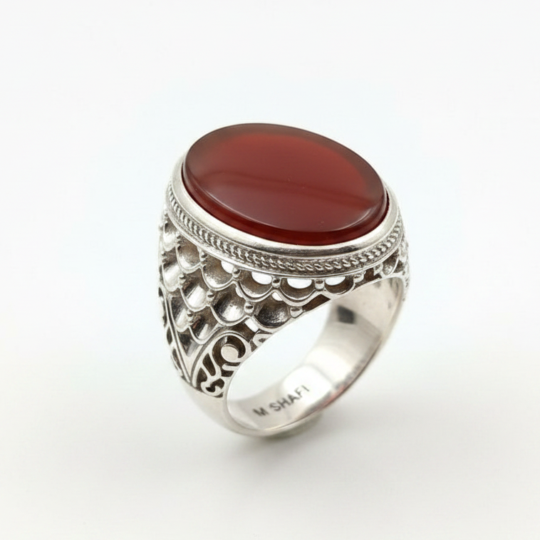 Premium Natural Red Aqeeq Ring in Handmade Sterling Silver
