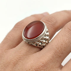 Premium Natural Red Aqeeq Ring in Handmade Sterling Silver