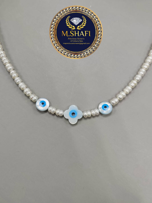 Freshwater Pearl Necklace with Mother of Pearl Evil Eye – Handmade Protective Jewelry for Women