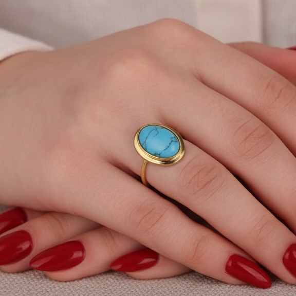 Vintage Gold-Plated Silver Turquoise Ring – Bezel Set Natural Feroza Gemstone Ring