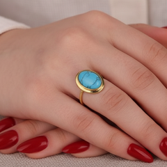 Vintage Gold-Plated Silver Turquoise Ring – Bezel Set Natural Feroza Gemstone Ring