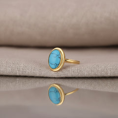 Vintage Gold-Plated Silver Turquoise Ring – Bezel Set Natural Feroza Gemstone Ring
