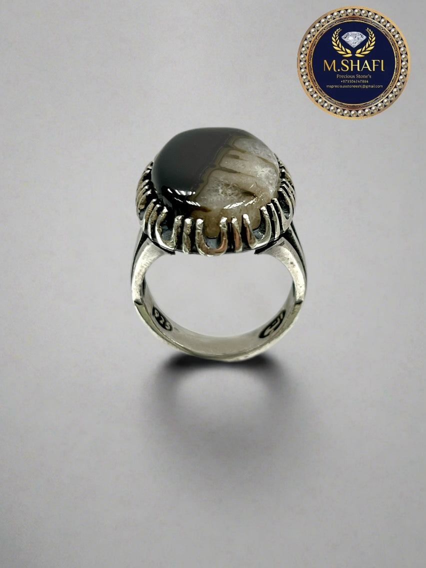 “Rare Aqeeq Stone Silver Ring – Handmade Artisan Jewelry for Men