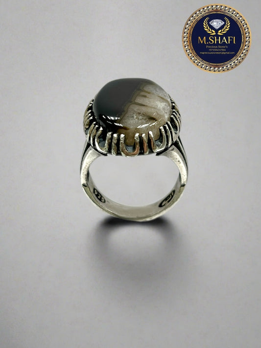 “Rare Aqeeq Stone Silver Ring – Handmade Artisan Jewelry for Men