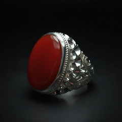 Premium Natural Red Aqeeq Ring in Handmade Sterling Silver