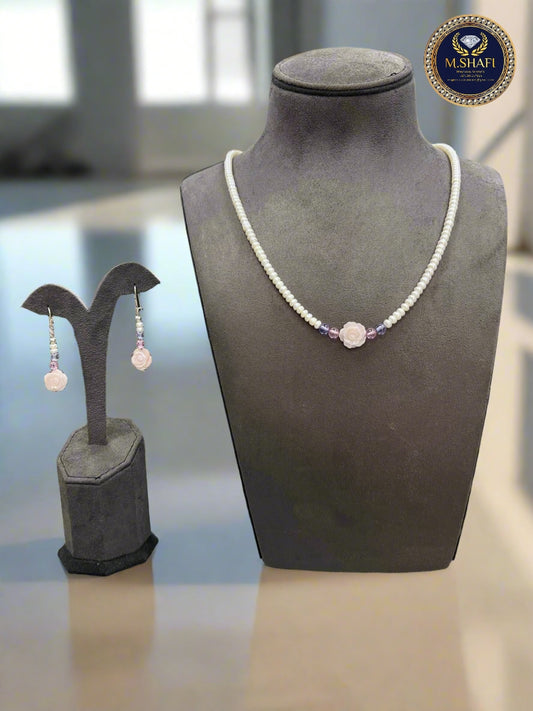 Luxury Freshwater Pearl Necklace and Mother of Pearl Flower Pendant Earrings Set