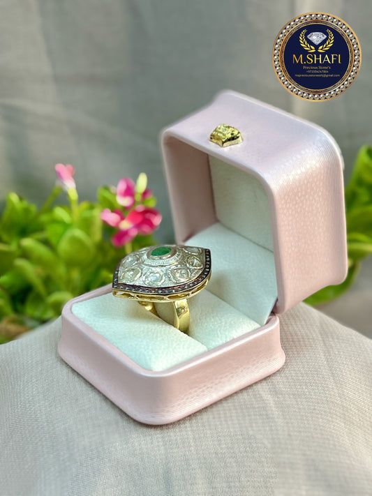 Natural Emerald Ring with Polki Diamond – 925 Sterling Silver Antique Jewelry