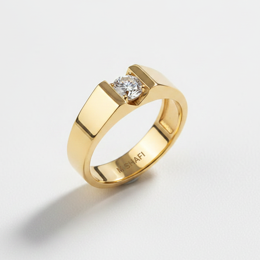 Modern Men’s Single Stone Flat Band Ring in Gold Plated Pure 925 Silver